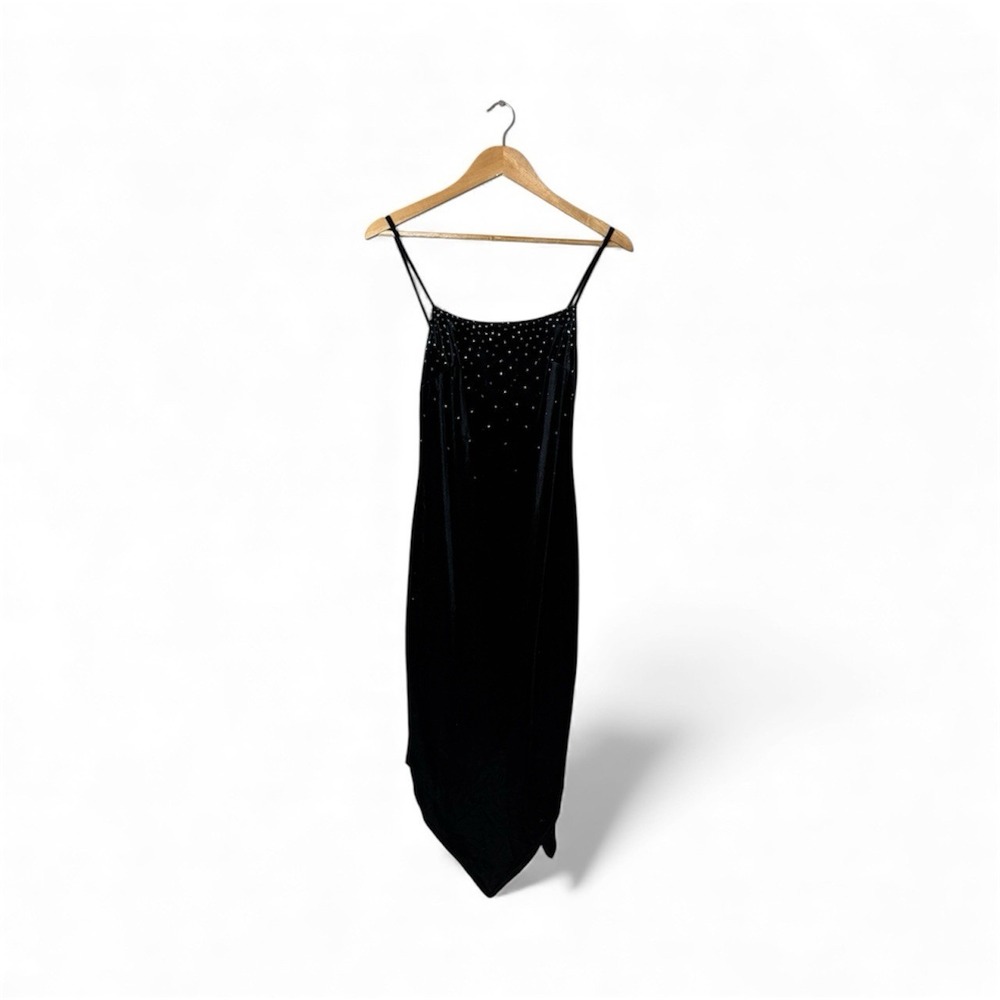 90s Y2K Rampage Black Velvet Glitter Bodycon Midi Dress Small Formal Prom - Picture 6 of 11